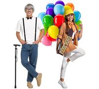 2 Set Scout Costume Set Explorer and Grandpa Outfit Include Black Rimmed Glasses Wig Eyebrows Beard Tie Suspenders Hat Walking Cane Scarf Shoulder Strap Decor Balloon for Role Playing Halloween
