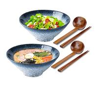 2 Set Tableware Ceramic Ramen Bowl - Japanese Noodles Bowls Dinner Sets for Pasta Soup Pho Mixing Salad Dishes Snack cereal Food with Spoons Chopsticks Kit 1000 Ml for New Home House Warming Gifts