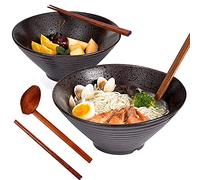 2 Set Tableware Ceramic Ramen Bowl - Japanese Noodles Bowls Dinner Sets for Pasta Soup Pho Mixing Salad Dishes Snack cereal Food with Spoons Chopsticks Kit 1000 Ml for New Home House Warming Gifts