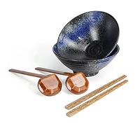 2 Set Tableware Ceramic Ramen Bowl - Japanese Noodles Bowls Dinner Sets for Pasta Soup Pho Mixing Salad Dishes Snack cereal Food with Spoons Chopsticks Kit 1000 Ml for New Home House Warming Gifts