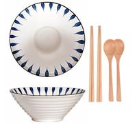 2 Set Tableware Ramen Bowl Ceramic - Porcelain Noodles Bowls Dinner Sets for Pasta Soup Pho Mixing Salad Dishes Snack Cereal Food with Spoons Chopsticks Kit 1150 Ml for New Home House Gifts (A)