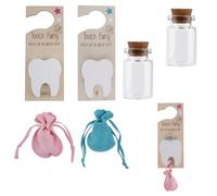 2 Set Tooth Fairy Door Hanger with Slot, Wooden Tooth Fairy Pouch Box Door Holder with Bag & Glass Bottle for Kids Room Decor Encourage Gift (Pink & Blue)