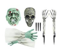 2 SET ZombieGroundbreakers Outdoor Halloween - Skeleton Garden Stakes - Realistic Looking Skull Head And Skeleton Arms Set | For Haunted House And Spooky Ground Garden Decor