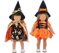 2 Sets 18 Inch Doll Clothes and Accessories Includes Witch Hat and Dress, Orange Pretty Doll Clothes for Halloween Costumes Girls