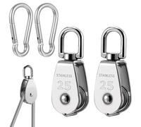 2 Sets 304 Stainless Steel Pulley Block Silver Pulley Roller with M8 Spring Snap Hooks M25 Single Pulleys Wheels for Rope Maximum Loading Capacity 150kg