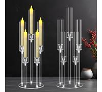 2 Sets 5 Arms Acrylic Candelabra Centerpieces for Tables,Clear Candle Holder for Halloween Christmas Wedding Party Decor,27" Tall Candlestick Holders with Lampshade, Fits LED Candle