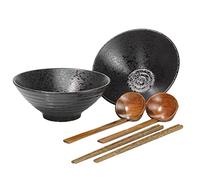 2 Sets (6 Piece) Ceramic Japanese Ramen Soup Bowl Set, Dishwasher and Microwave Safe, 1032ml/36oz Large Noodle Bowl with Matching Spoon and Chopsticks for Thai Udon Wonton Soup Pho, Black (24cm)