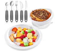 2 Sets Adaptive Utensils Bowl and Plate Set Adaptive Self Feeding Dinnerware with Suction Base Non Slip Bendable Cutlery for Elderly Disabled Hand Tremors Arthritis Parkinson(White)