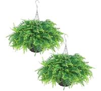 2 Sets Artificial Ferns Plant Hanging Basket for Front Porch Decor(Green) | No Assembly Required, UV-resistant, Lifelike Faux Boston Fern Greenery, for Patio/Eaves/Garden/Farmhouse/Outdoor/Home Decor
