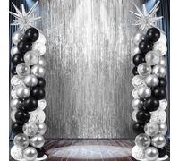 2 Sets Black Silver Balloon Column Stand Kit 3.3 X 6.6 ft Silver Photo Backdrop With Black Silver Confetti Balloons Balloon Tower Stand for Wedding Birthday Holiday Party Retirement Anniversary