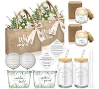 2 Sets Bride and Mother of the Groom Gifts Includes 16 oz Glass Cups Canvas Tote Bags Cosmetic Bag Handkerchief Candle for Mom Bridal Shower Wedding Gifts (Eucalyptus)