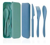 2 Sets Camping Cutlery, Portable Travel Cutlery Set with Case, Reusable Plastic Cutlery Knife Fork Spoon Set for Lunch Box,Picnic, Work School or Daily Use (Green+Blue)