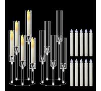 2 Sets Candle Holders 5 Arm with Candles for Tables, MSDADA 58 cm Tall Acrylic Candelabra, Clear Candlesticks Holder for Wedding Fireplace Party Decor Christmas Centerpieces