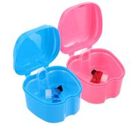 2 Sets Dentures Cleaning Case with Brush Set, Portable Fruit Shape | PP Nylon Build, Lift-out Strainer Basket and Lid, for Retainers and Mouth Guards, Blue or Pink