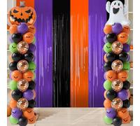 2 Sets Halloween Balloon Column Stand Kit 3.3 X 6.6 ft Photo Backdrop With Ghost Pumpkin Balloon Black Orange Purple Green Balloons with Bases for Halloween Day Theme Party Decorations