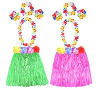 2 Sets Hula Skirt Costume Accessories with Hawaiian Leis Grass Skirts for Kids Hawaiian Birthday Party Supplies