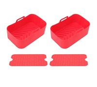 2 Sets Kitchen Fryer Silicone Basket and Mat Reusable Non Stick Rectangular Air Oven Accessories for Ninja DZ201 Foodi 8QT (Red)