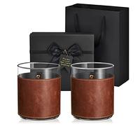 2 Sets Leather Rocks Glasses 11.5 oz Leather Wrapped Whiskey Glasses with Gift Box Glass Sleeve Bourbon Glass Gift for Men Father (Brown)