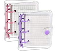 2 Sets Mini Transparent 3 Ring Binder Covers with Mini Binder Inner Paper Pockets Clear Soft PVC Notebook Closure Loose Leaf Folder Round Ring Cover Protector with Snap Button(Pink, Purple)