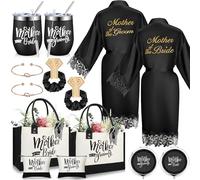 2 Sets Mother of The Bride and Groom Gifts Set Wedding Satin Robe Canvas Tote Bag with Makeup Bag 12 oz Tumbler Cup Small Mirror Scrunchies Knot Bracelet for Mom in Law Engagement Proposal (Black)