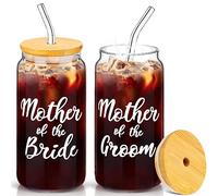 2 Sets Mother of The Groom Glass Cups with Lids and Straws, Mother of The Bride 16 oz Iced Coffee Cups, Wedding Gifts for Bride and Groom (Mother)