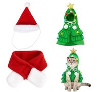 2 Sets of Christmas Sweater for Cat, Festive Pet Outfit with Matching Hat and Scarf, Soft Polyester Fabric, Holiday Costume for Cats, Cat Bandana Collar,Cute Christmas Tree Design