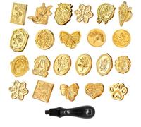 2 Sets of Gold Wax Stamp Heads, 1 Piece Black Handle, Retro Stylish Variety of Patterns, Reusable, Wax Seal Stamp Set.
