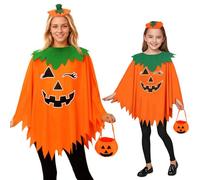 2 Sets of Halloween Costumes for Woman and Kids, Glow in the Dark Pumpkin Poncho Costume with Candy Bag and Headband, Parent-Child Halloween Pumpkin Costume Cosplay Dress Up