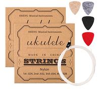 2 Sets of Nylon Ukulele Strings with 4 Felt Picks, Strings are White, Picks are Yellow, Gray, Black, Red