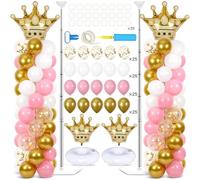 2 Sets Princess Party Balloon Column Stand Kit With 102 Crown Foil Balloons 5.57Ft Adjustable Balloon Tower Stand With Base Pink and Gold Arch Column for Girls Birthday Baby Shower Party Supplies