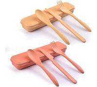 2 Sets Reusable Cutlery Set with Case, Travel Fork Knife Spoon Set, Portable Plastic Cutlery Set for Picnic School Office Lunch (Orange, Yellow)
