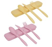 2 Sets Reusable Cutlery Set with Case, Travel Fork Knife Spoon Set, Portable Plastic Cutlery Set for Picnic School Office Lunch (Pink, Yellow)