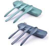 2 Sets Reusable Cutlery Set with Case, Travel Fork Knife Spoon Set, Portable Plastic Cutlery Set for Picnic School Office Lunch (Green,Blue)