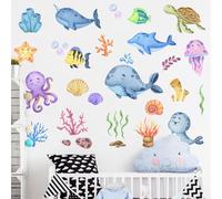 2 Sheet Ocean Wall Decals, Under The Sea Fish Wall Stickers, Whales Dolphins Seaweed Wall Decor for Kids Baby Bedroom Bathroom Living Room Playroom, Removable Wall Art Home Decoration