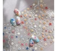 2 Sheet Summer Ocean Theme Nail Art Stickers Extra Shiny Shell Light 5D Shell Starfish for Nails Stickers Decals Gold Silver Star Jellyfish Self-Adhesive Design Nail Supplies for Women Manicure Decor
