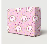 2 Sheets 15th Birthday Hearts Pink Background Wrapping Paper Age 15 Female | Fun and Beautiful Multi Colour Hearts With Pink Background Wrapping Paper, Large Size Paper 50cm wide x 70cm length