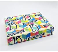 2 Sheets 15th Birthday Unisex Wrapping Paper Age 15 Multi Colour FUN CUBES | Attractive Wrapping Paper For Male or Female Unisex Design, Large Size Paper 50cm wide x 70cm length