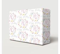 2 Sheets 2 Tags 70th Happy Birthday Colourful Stars Dots and Spiral Design Beautiful Female Wrapping Paper Age 70 Birthday Fun And Attractive Ladies Giftwrap (PA)