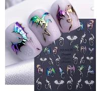 2 Sheets 5D Embossed Nail Art Stickers, Silvery Colored Bat Flying Dragon Pattern Self-Adhesive Nail Decals, Halloween Nail Stickers DIY Nail Art Decoration, Suitable for Halloween Nail Supplies