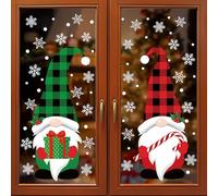 2 Sheets Christmas Window Clings Extra Large Gnome Window Decals Red Green Buffalo Plaid Gnome Windows Stickers Double Sided Christmas Snowflake Windows Clings for Xmas Holiday Home Office Glass Decor