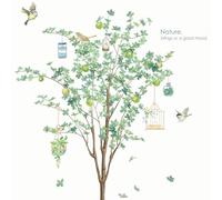 2 Sheets Giant Green Tree Birds Birdcage Wall Decals 35.43" x 11.81" Nature Green Plants Fruit Leaves Wall Stickers Clings Peel and Stick Film Wallpaper Living TV Background Sofa Bedroom Decor