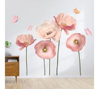 2 Sheets Giant Pink Flower Wall Stickers 5 Poppy Flowers Wall Decals DIY Peel and Stick Watercolor Garden Floral Butterfly Girls Room Wall Decor for Kids Baby Bedroom Living Room Nursery Decoration