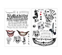 2 Sheets Halloween Temporary Tattoo Joker Temporary Tattoos Stickers for Women Kids Men Halloween Makeup Kit Cosplay Rave Accessories