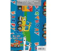 2 Sheets Of Gift Wrap 50x70 cm & 2 Tags, Boys Cars, Trucks and Emergency Vehicles Wrapping Paper Set - Bundled by GetInStyle Shop