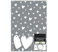 2 Sheets of Gift Wrapping Paper 50cm x 70cm & 2 Tags, Silver and White Heart, for Weddings, Valentine's Day, Birthday Occasions - Bundled by GetInStyle Shop