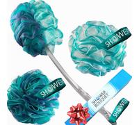 2-Side-Loofah-Back-Scrubber & Bath-Sponges by-Shower-Bouquet: 1-Long-Handle-Back-Brush Plus 2-Extra-Large 75g Soft Mesh Poufs, Men & Women - Exfoliate with Full Pure Cleanse in Bathing Accessories