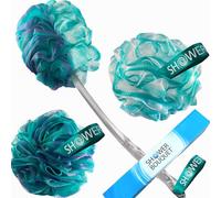 2-Side-Loofah-Back-Scrubber & Bath-Sponges by-Shower-Bouquet: 1-Long-Handle-Back-Brush Plus 2-Extra-Large 75g Soft Mesh Poufs, Men & Women - Exfoliate with Full Pure Cleanse in Bathing Accessories