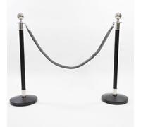 2 Silver Finish Black Stanchion Poles with 1 Grey Velvet Rope - Stainless Steel Queue Barrier Set for Events, Hotels, Theatres & Crowd Control
