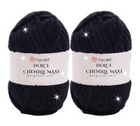2 Skein Yarn Art Dolce Maxi, Premium Velvet Yarn, Super Soft Bulky 6 Fluffy Bulky for Knitting Crocheting Crafting Blanket Amigurumi, Soft Thick Baby, Shedding (Black, Dolce Maxi)