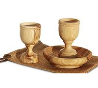 2 Small Communion Cups With Wooden Bread Tray in a Gift Bag. Hand Carved Kiddush Cup from Olive wood - for Church, Ministry & Worship events with Certificate of Origin.